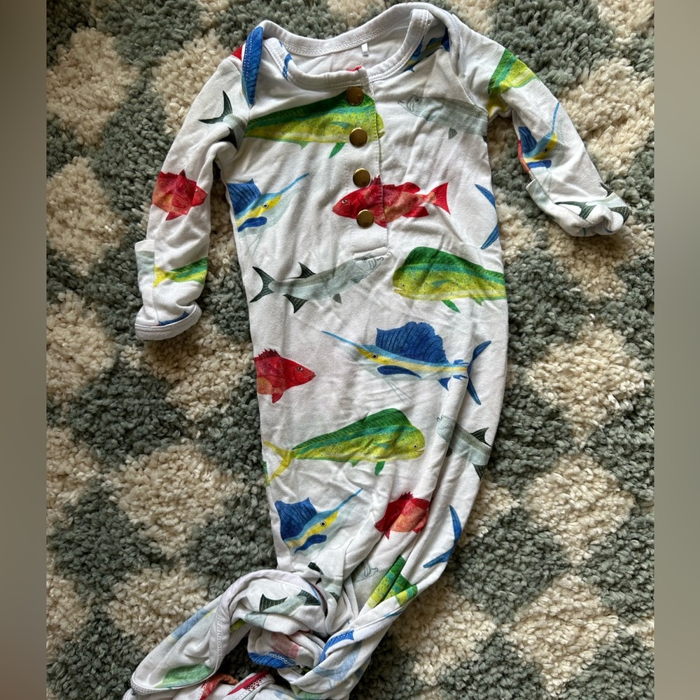 Newborn baby gown, bamboo, Florida, fish, tie bottom